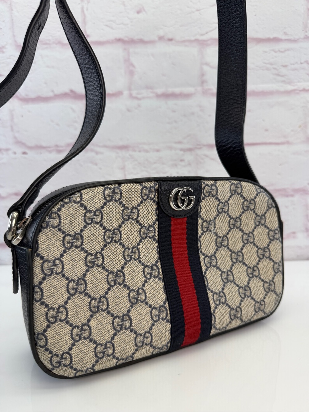 Gucci GG Supreme Monogram Textured Dollar Calfskin Web Small Ophidia Camera Bag